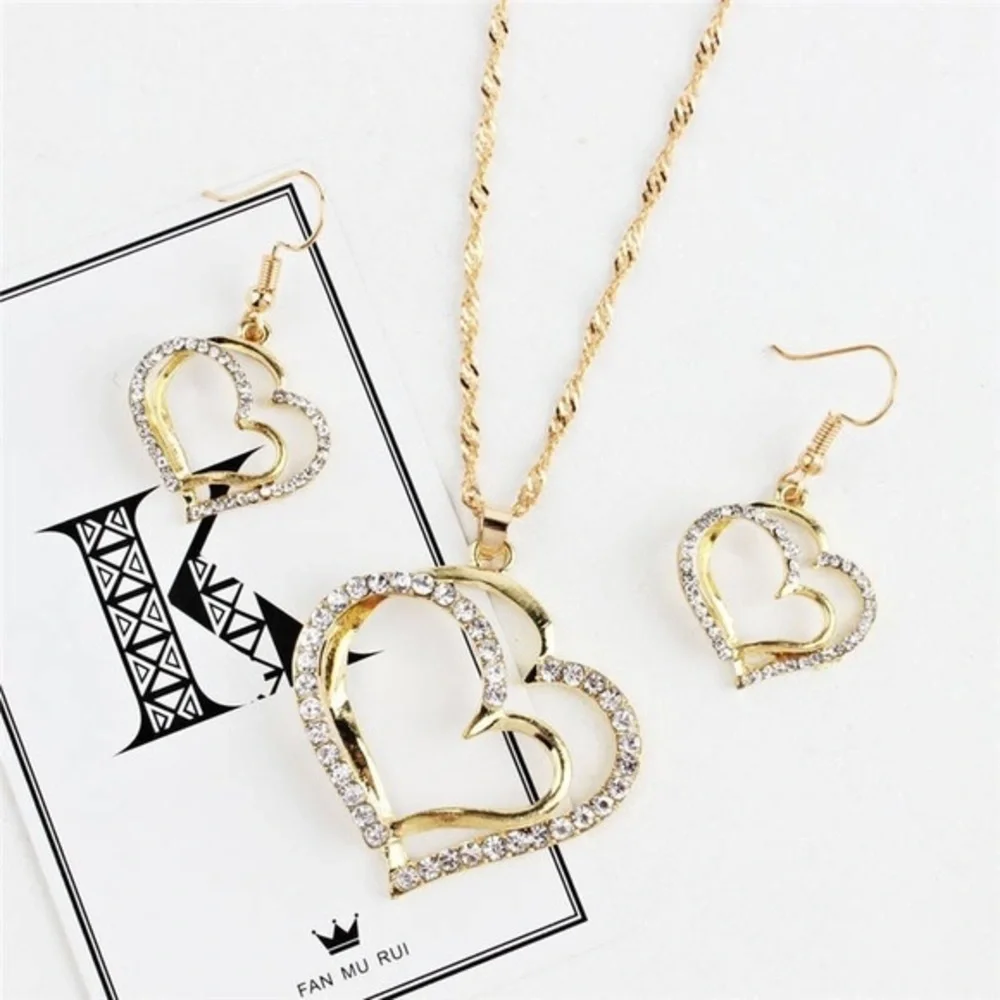 Double Heart-Shaped Pendant Necklace & Earring set. - Picture 1 of 7